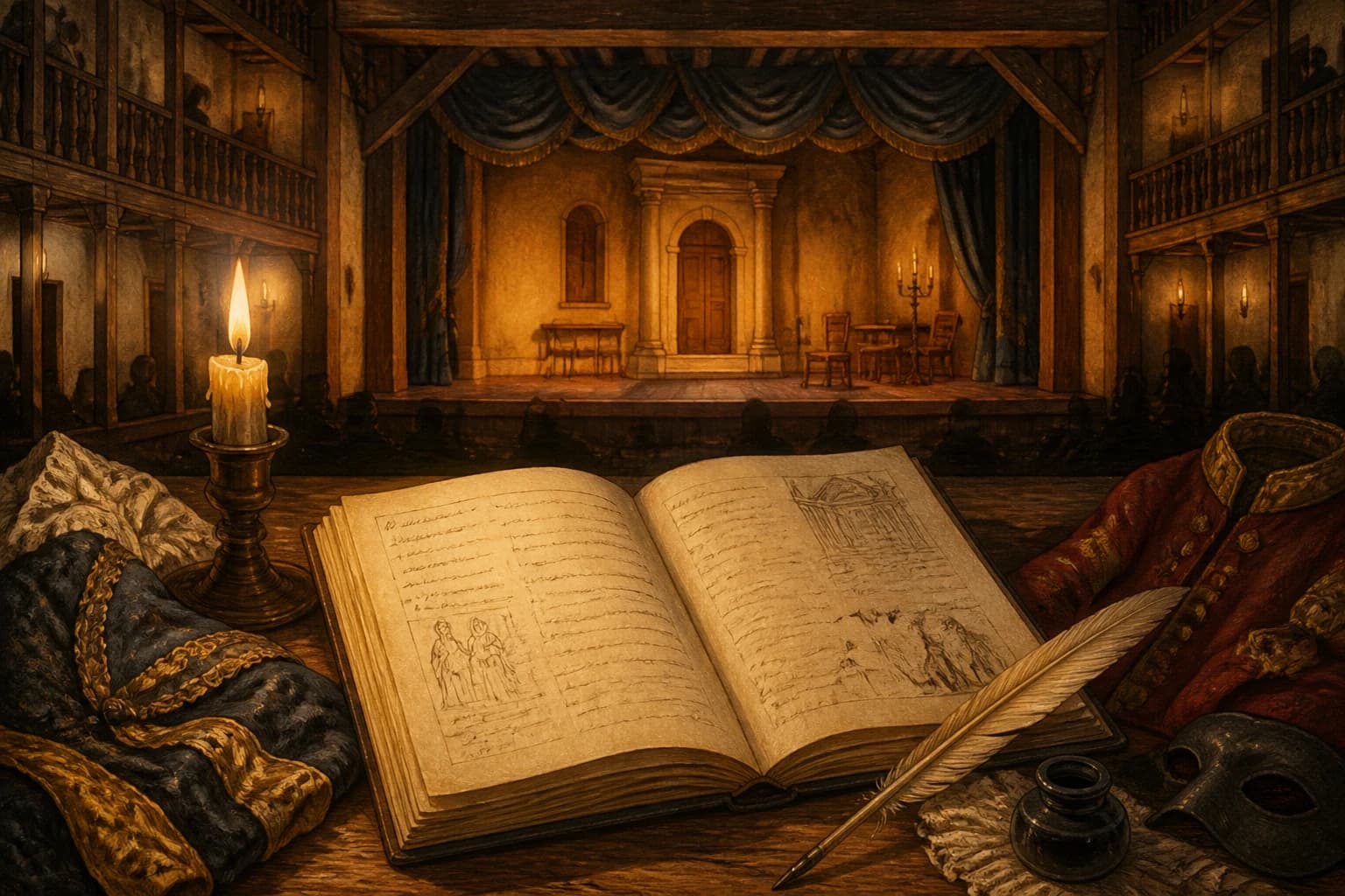 Ilustración editorial de un guion teatral, vestuario y escenario colonial vinculados a La Dramática