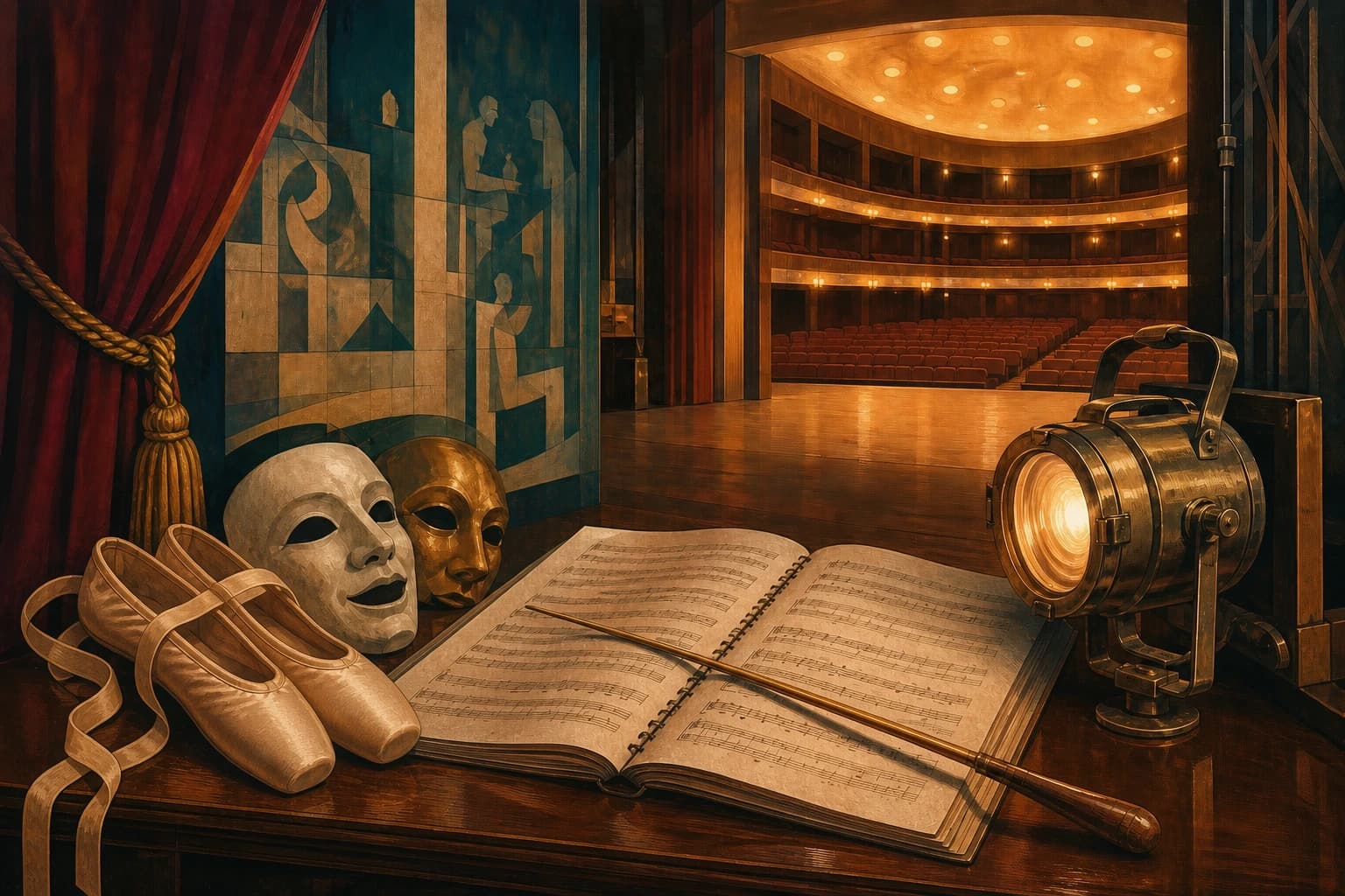 Ilustración editorial de un escenario, máscaras, zapatillas de ballet y partitura dentro de un teatro nacional